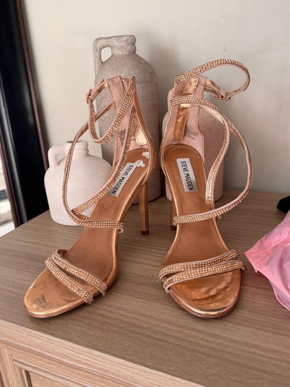 Steve Madden Rose Gold Crystal-Strap Stiletto Sandals